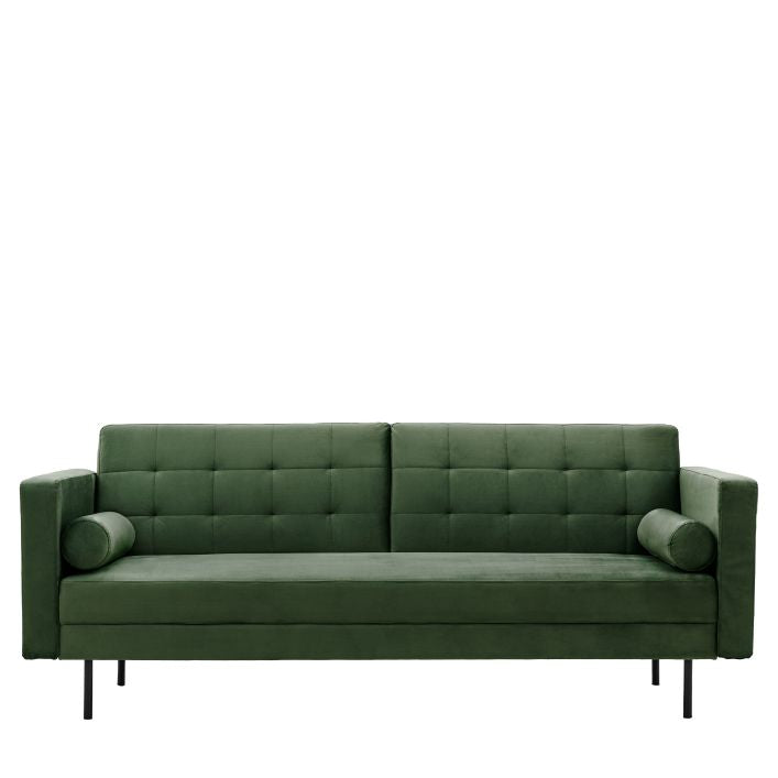 Greg click clack sofa bed with bolster cushions in Grey or Bottle Green fabric upholstery | malletandplane.com