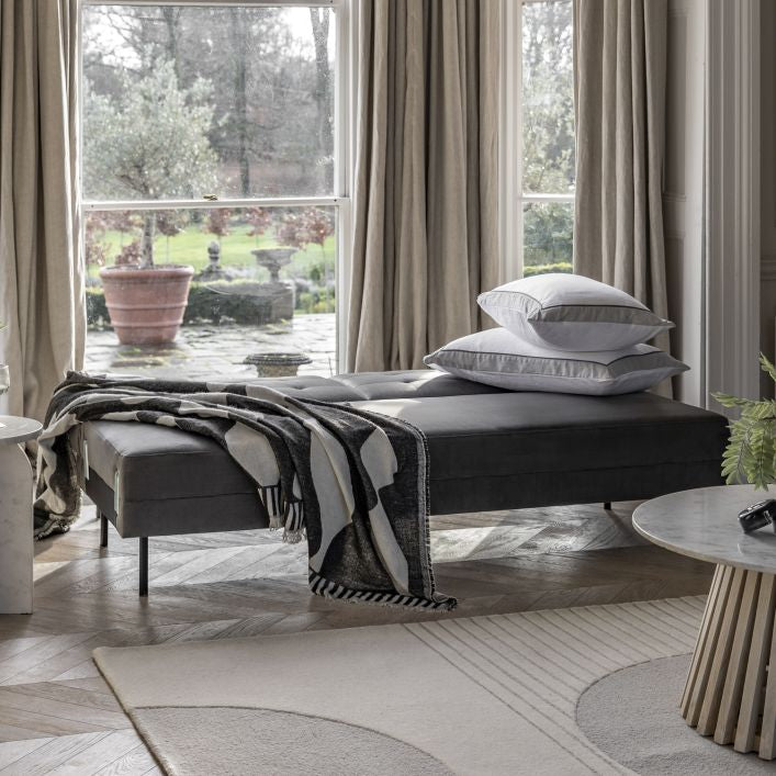 Greg click clack sofa bed with bolster cushions in Grey or Bottle Green fabric upholstery | malletandplane.com