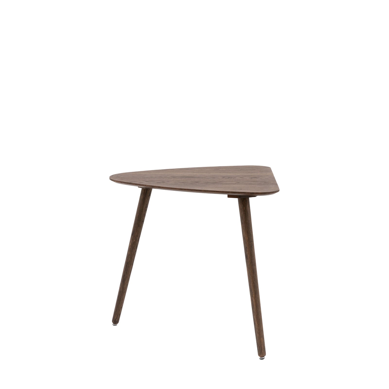 Hatfield triangular compact dining table with curved cornerds in smoked oak finish | malletandplane.com