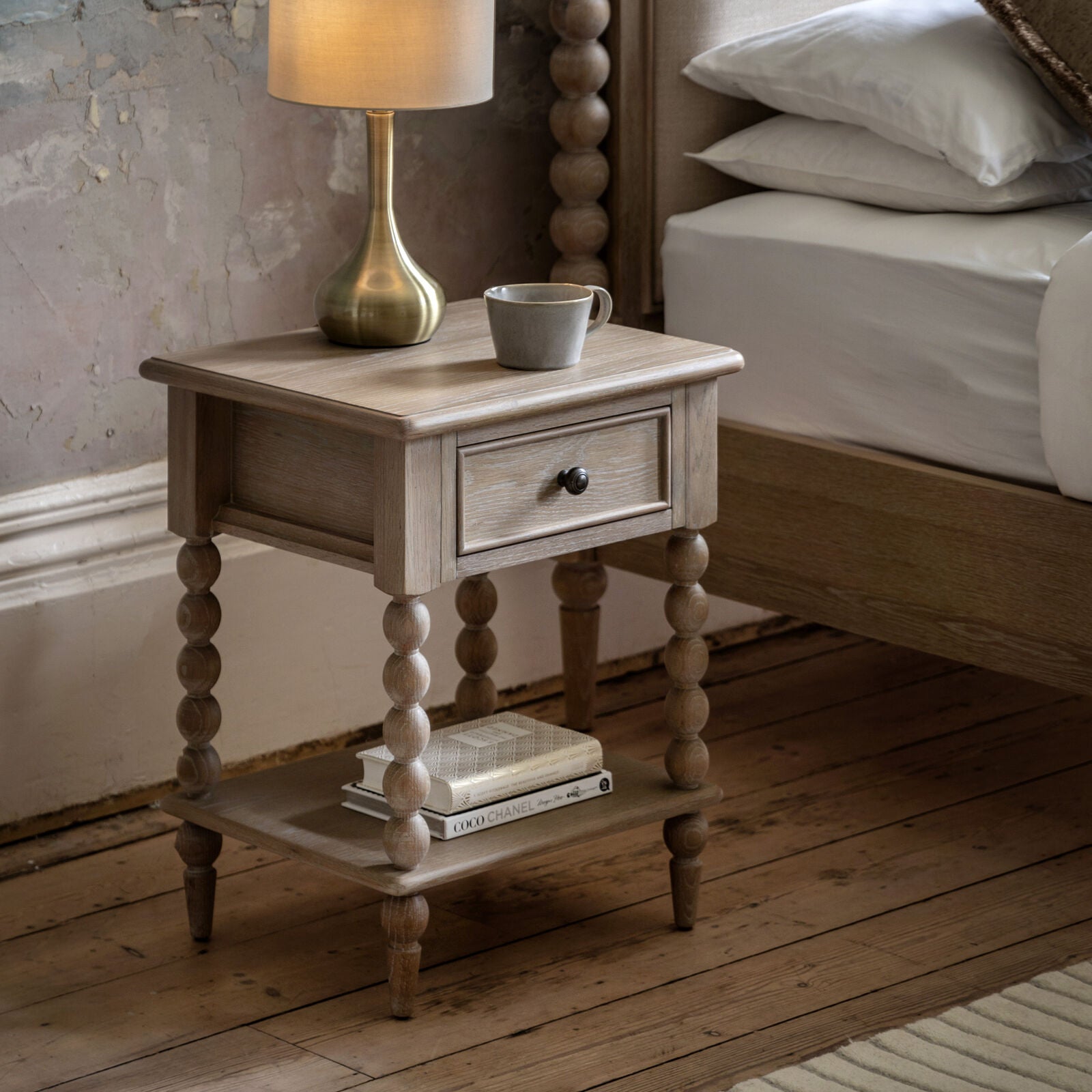 Turner 1 dawer bedside table in lime washed oak with hand turned bobbin detailing | malletandplane.com