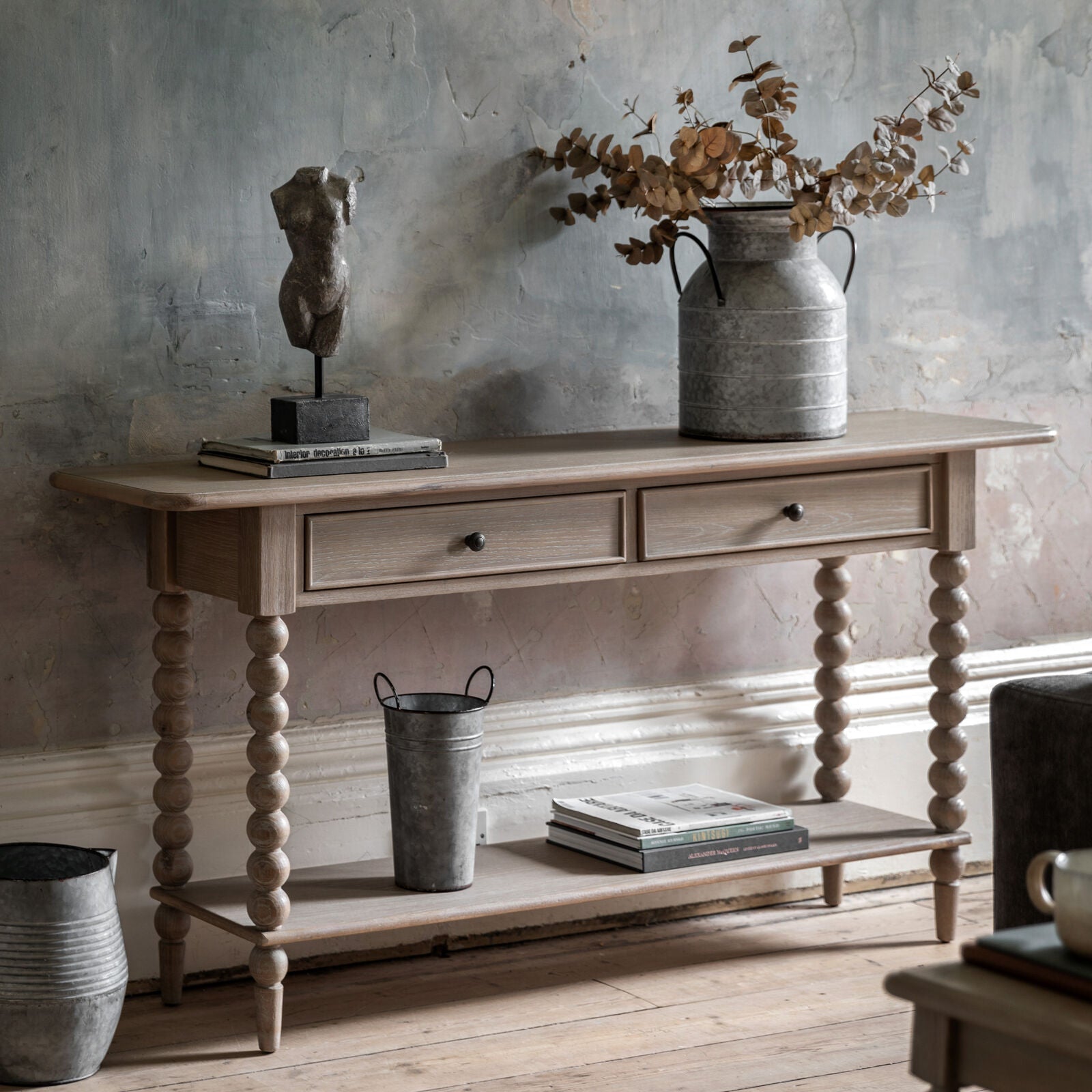 Turner 2 Drawer Console Table with hand turned features in lime washed oak | malletandplane.com