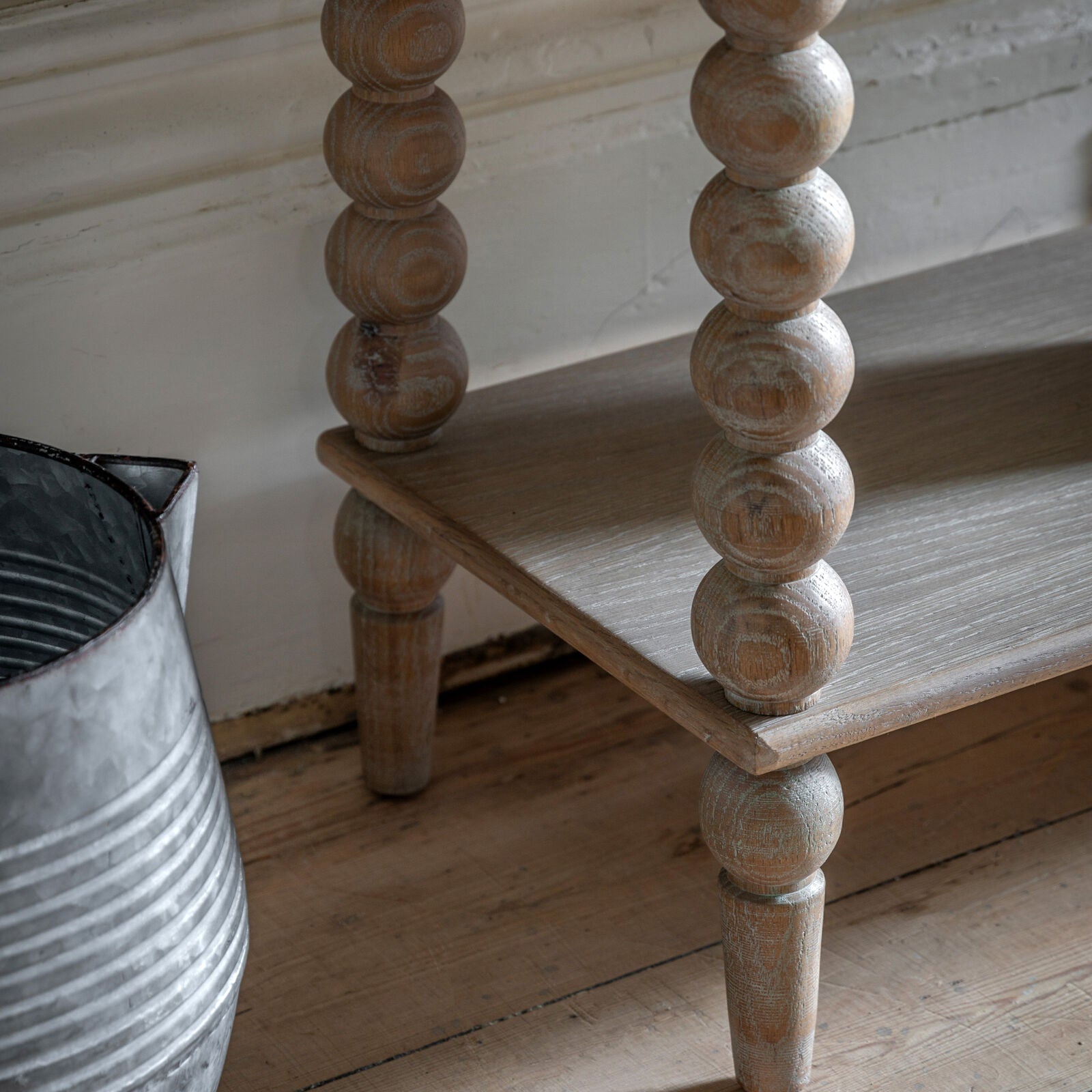 Turner 2 Drawer Console Table with hand turned features in lime washed oak | malletandplane.com