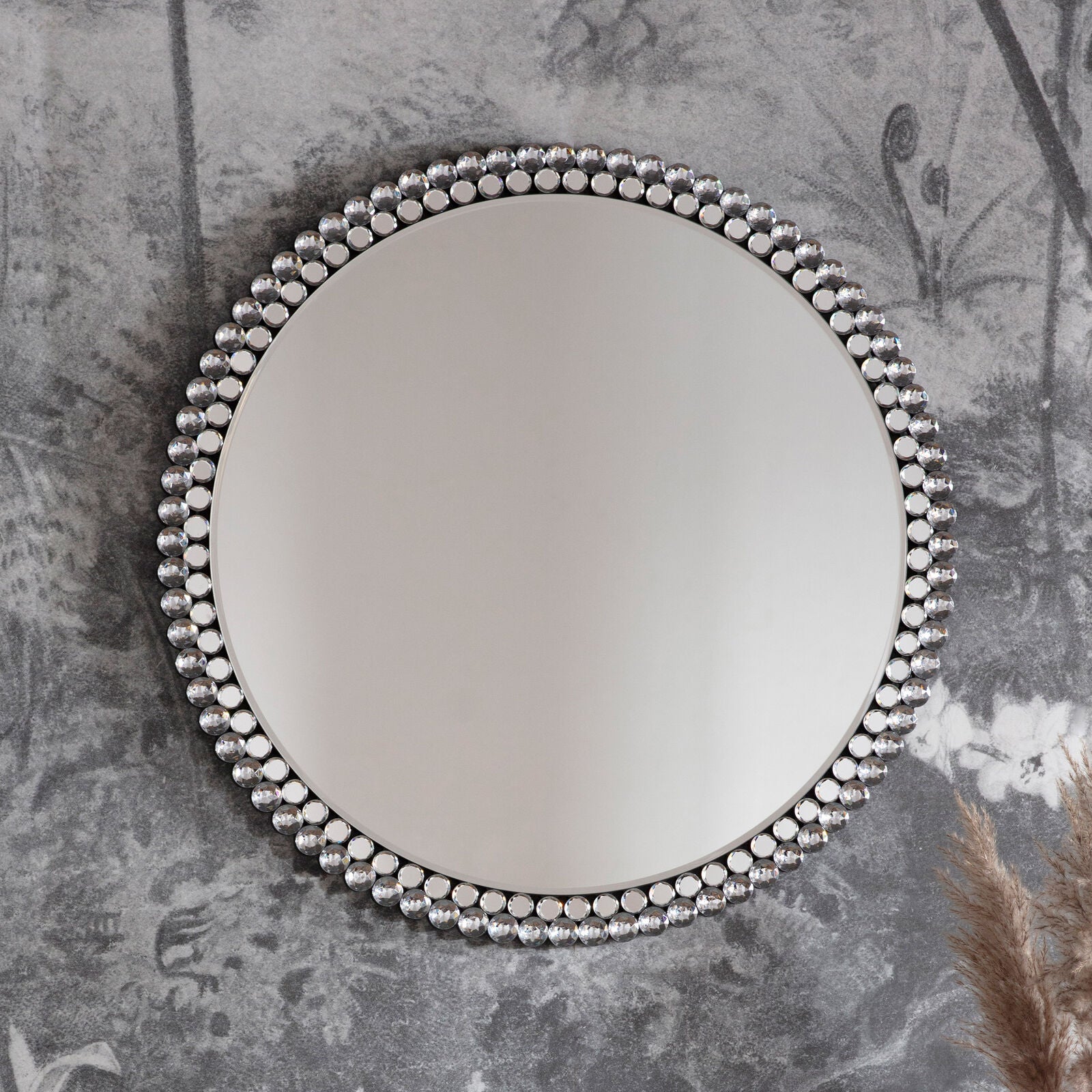 Tamara round bevelled wall mirror with decorative frame | malletandplane.com