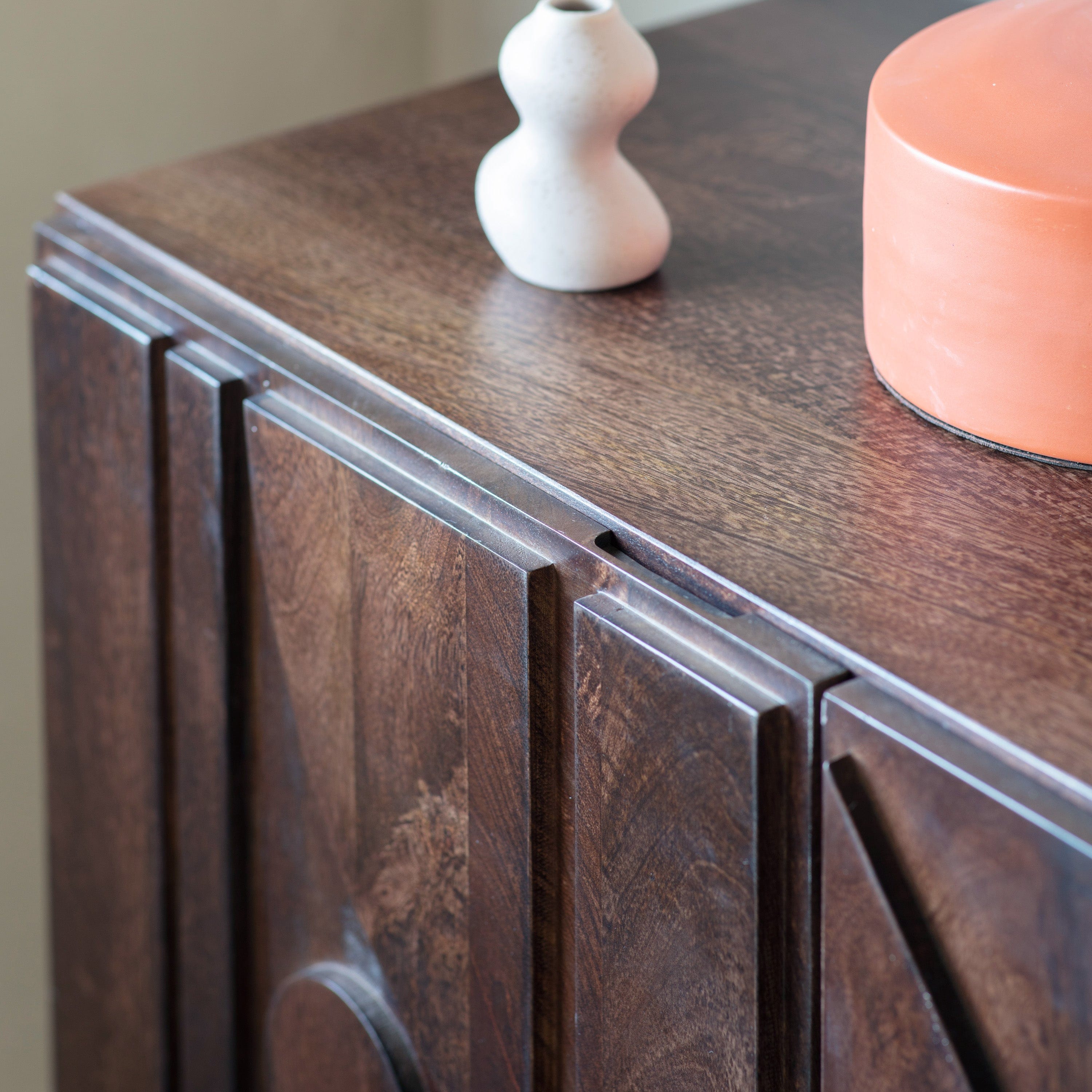 Miso 3 door solid mango wood sideboard with geometric relief pattern and metal legs | MalletandPlane.com